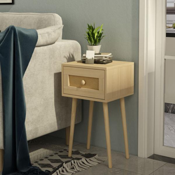Bedside Table with Rattan Decorated Drawers