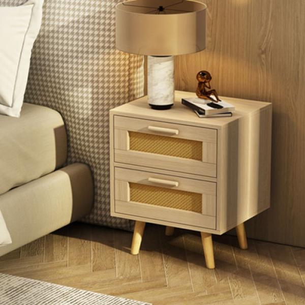 Bedside Table with Rattan Decorated Drawers